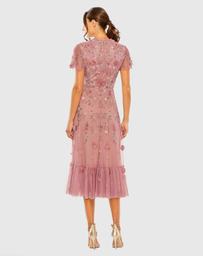 Pink Embellished High Neck Flutter Sleeve A Line Dress