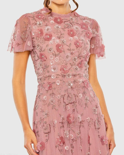 Pink Embellished High Neck Flutter Sleeve A Line Dress