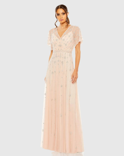 Pink V Neck Embellished Flutter Sleeve A Line Gown