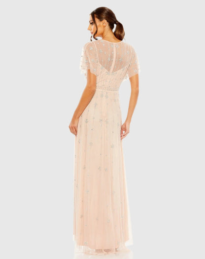 Pink V Neck Embellished Flutter Sleeve A Line Gown