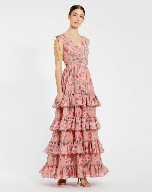 Pink Drawstring Shoulder Chiffon Tiered Floral Dress