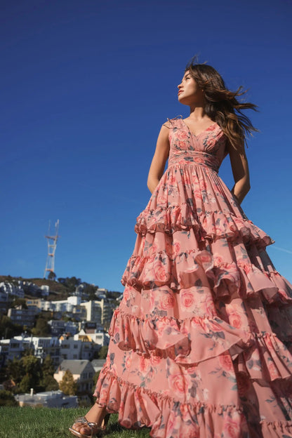 Pink Drawstring Shoulder Chiffon Tiered Floral Dress