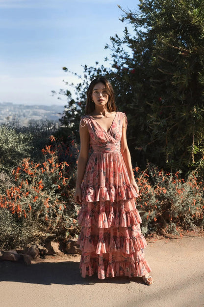 Pink Drawstring Shoulder Chiffon Tiered Floral Dress