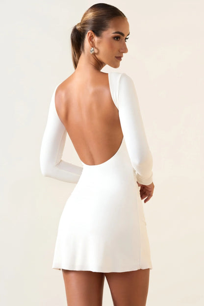 Modal Ruched Open-Back Mini Dress in White