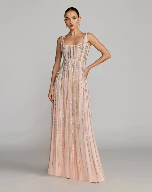 Pink Scoop Neck A-Line Gown With Striped Beading
