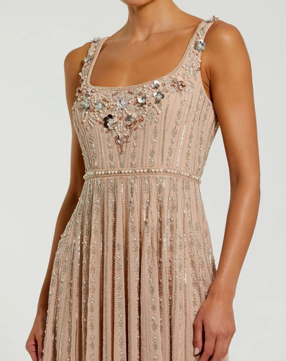 Pink Sleeveless Scoop Neck Embellished Midi Dress