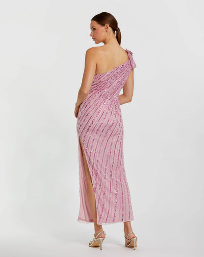 Pink One Shoulder Beaded Mesh Dress With Flower
