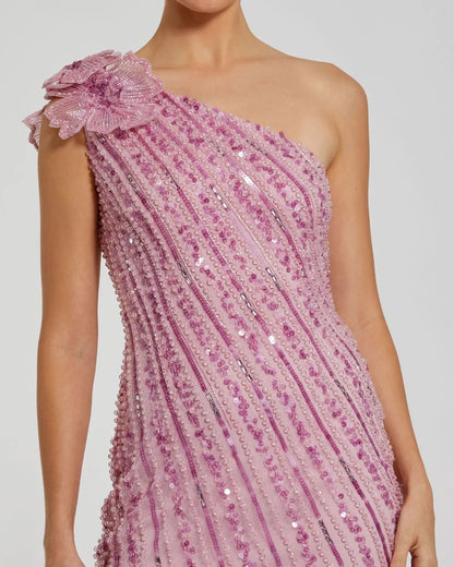 Pink One Shoulder Beaded Mesh Dress With Flower