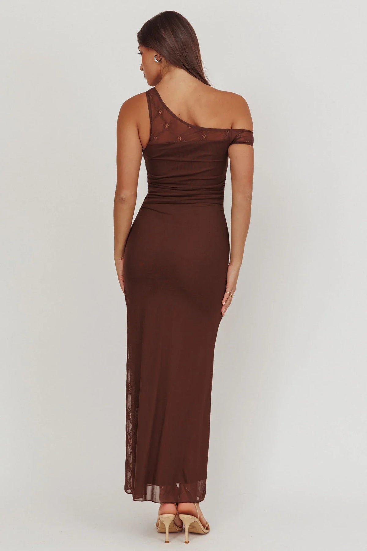 Sher One-Shoulder Lace Panel Maxi Dress Chocolate