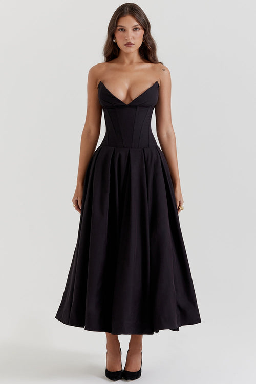 black strapless midi dress