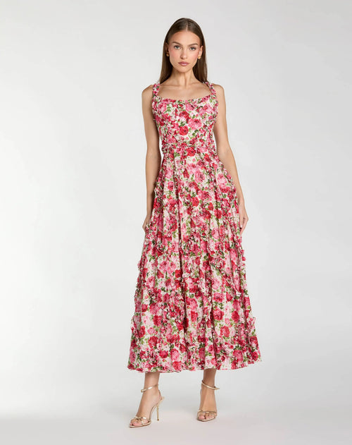 Petite Pink Ruffle Scoop Neck Floral A-Line Dress
