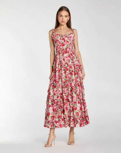 Petite Pink Ruffle Scoop Neck Floral A-Line Dress