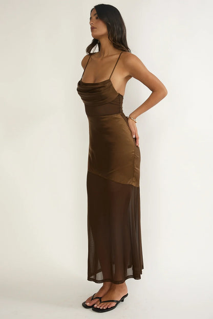 Golden Era Sheer Waist Maxi Dress Chocolate