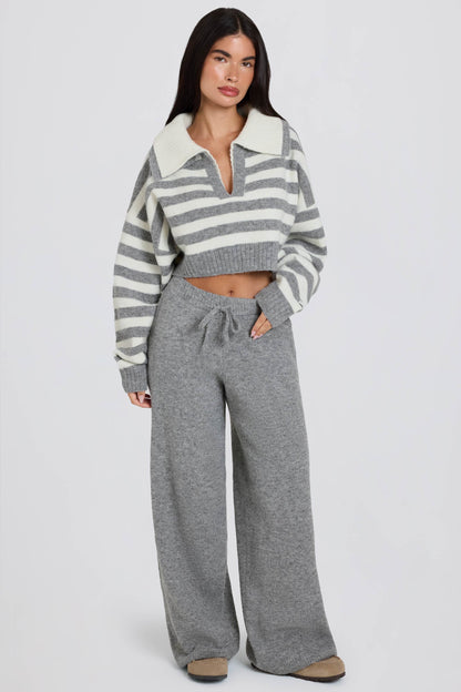 Knit Mid-Rise Wide-Leg Joggers in Grey