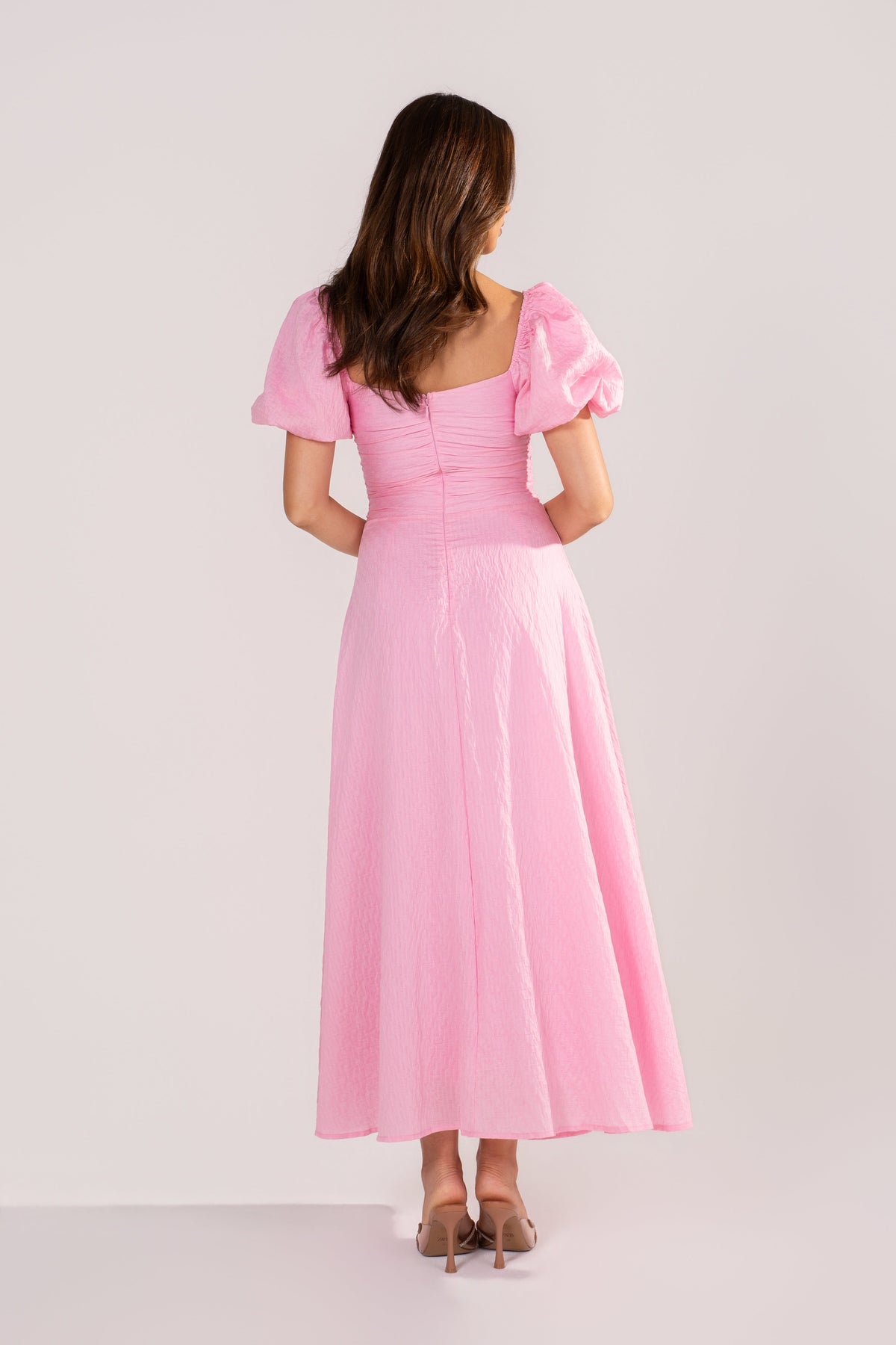 Brinley Classic Pink Puff Sleeve Midi Dress