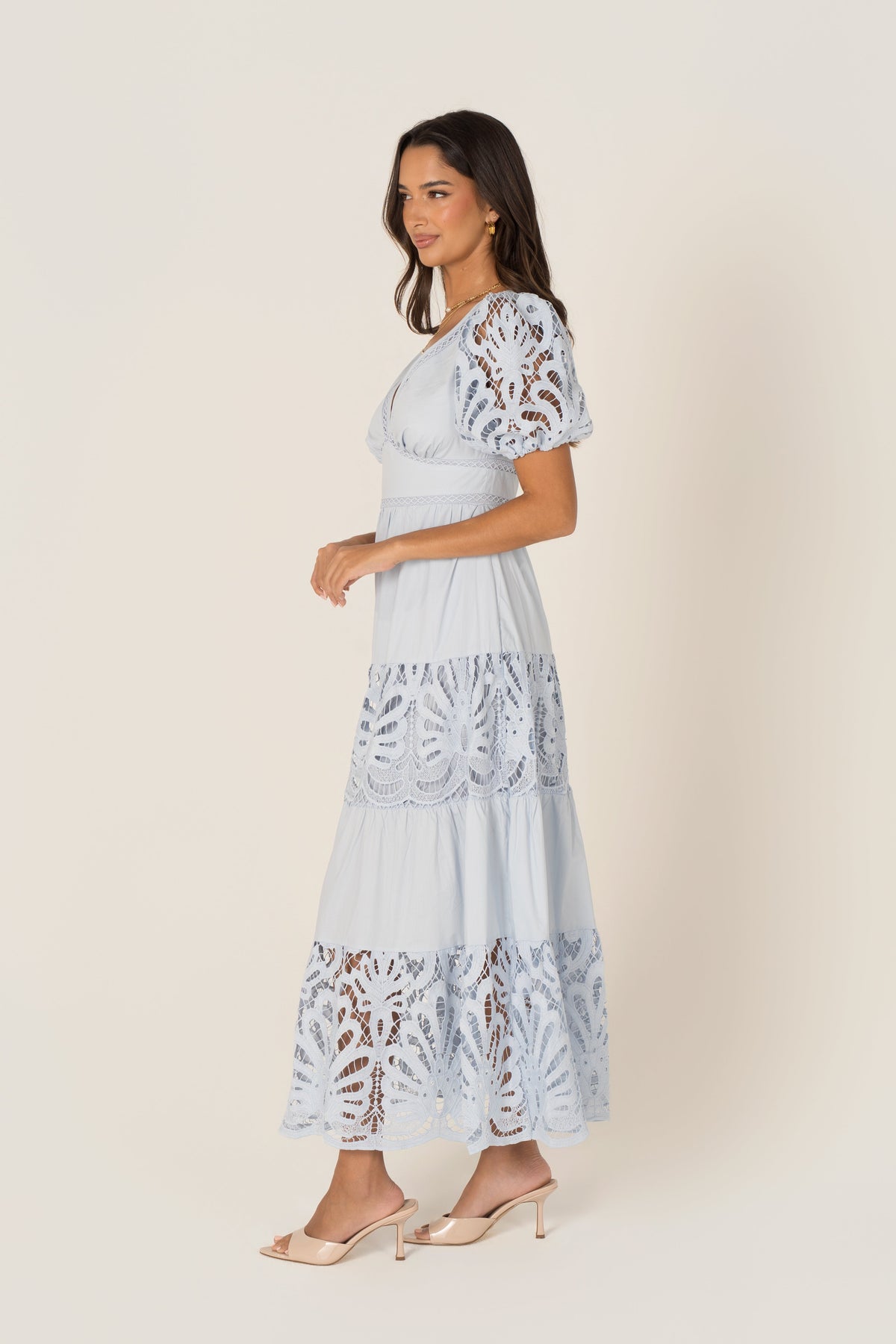 Bronte Soft Blue Day Dress with Puff Sleeves