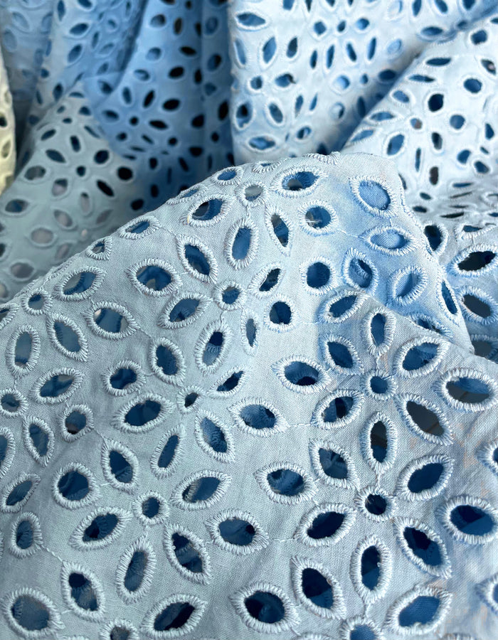 Flower Eyelet Embroidered Cotton - Sky Blue