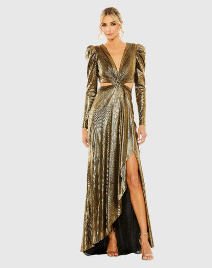 Princess Sleeve Cut Out Metallic Gown