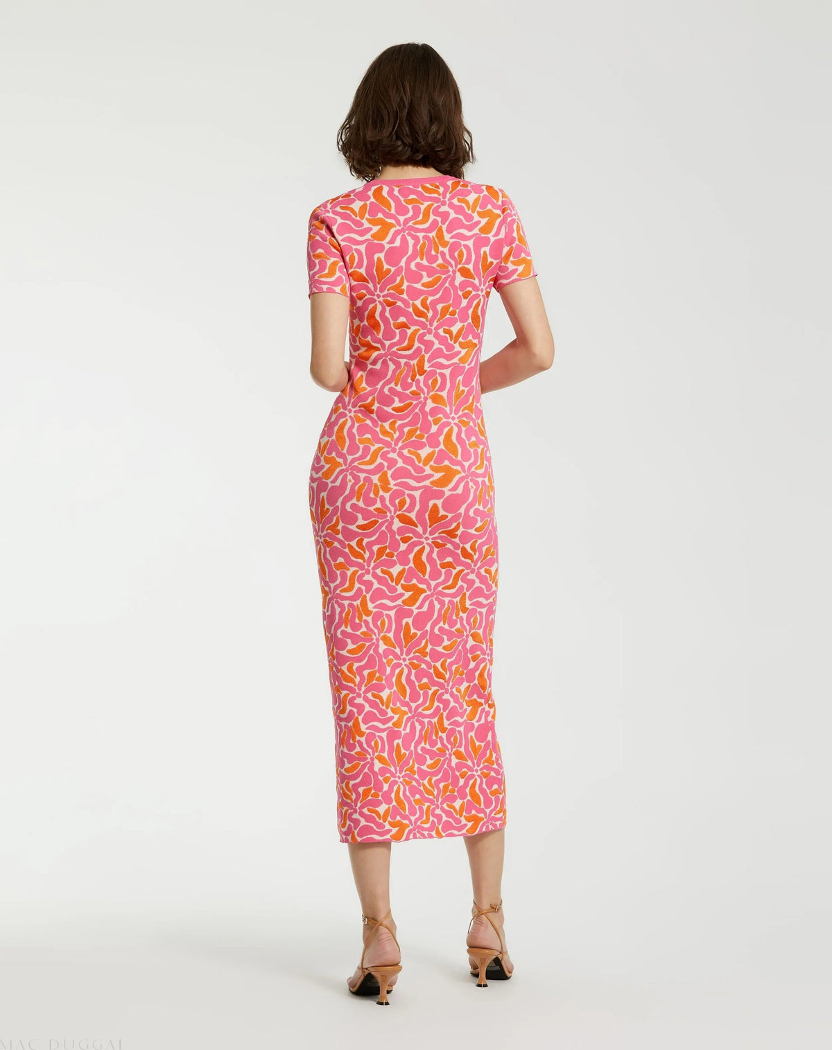 Pink Short Sleeve Scoop Neck Floral Knit Maxi Dress
