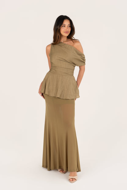 Loryn Olive Drop Shoulder Peplum Top & Maxi Skirt