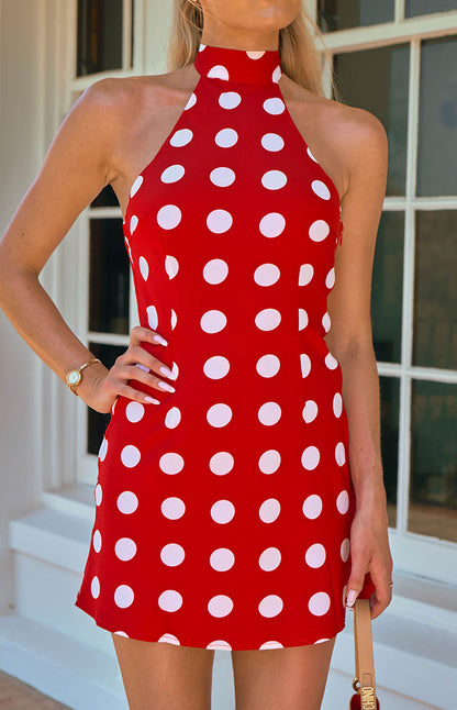 Maia Red Spot Halter Neck Mini Dress