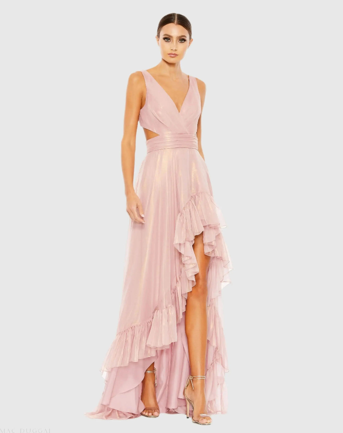 Pink Cut Out High Low Ruffle Gown