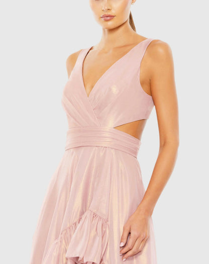 Pink Cut Out High Low Ruffle Gown