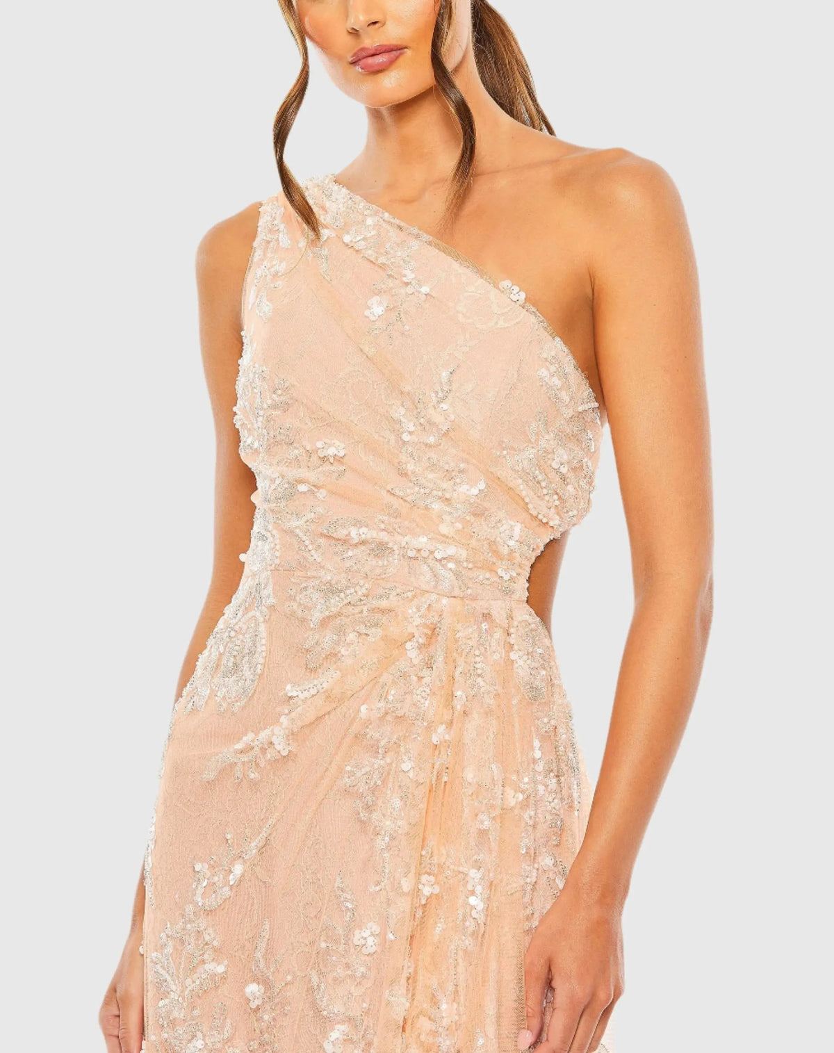 Pink One Shoulder Side Cut Embellished Gown