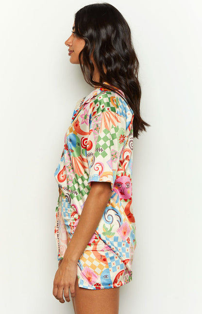 Resort Summer Print Satin Shirt