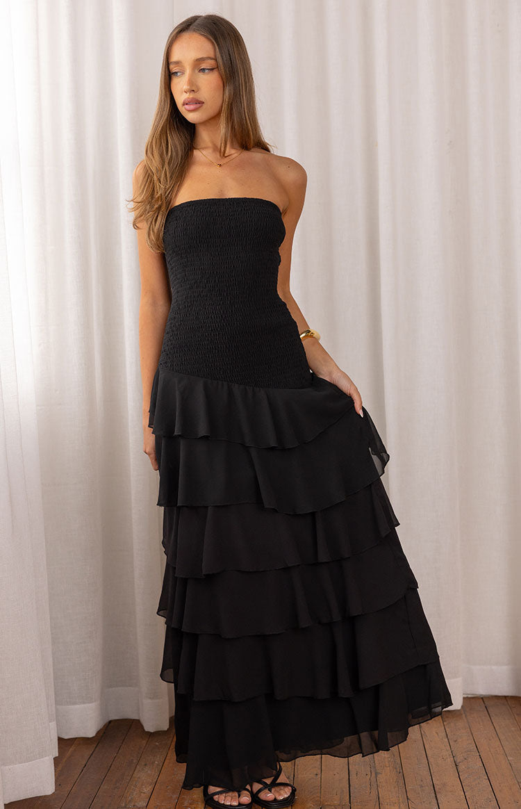 Riles Black Strapless Ruffle Maxi Dress