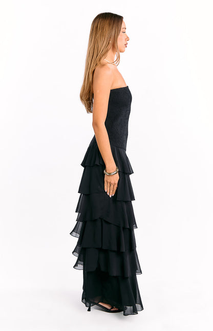 Riles Black Strapless Ruffle Maxi Dress