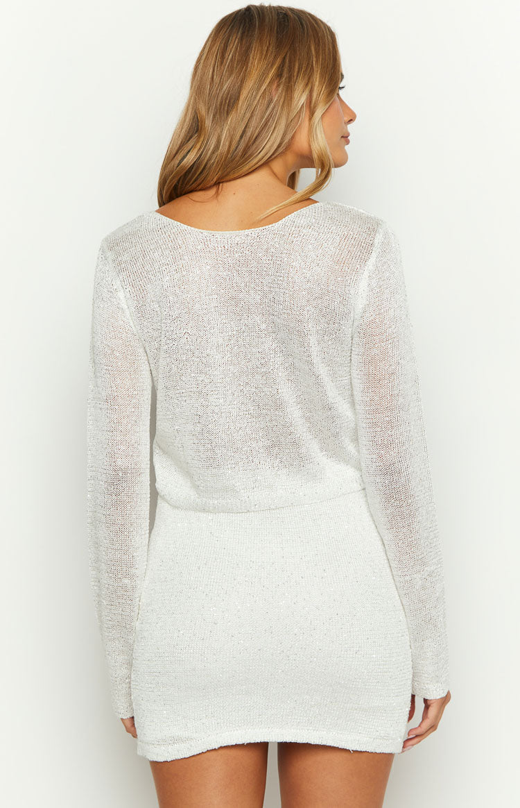 She's Glowing White Sequin Knit Mini Skirt