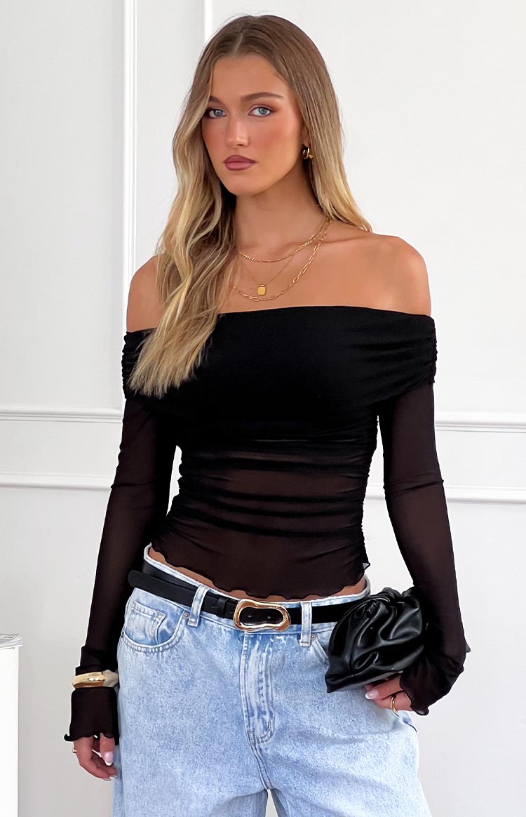 Sky Black Mesh Off Shoulder Top