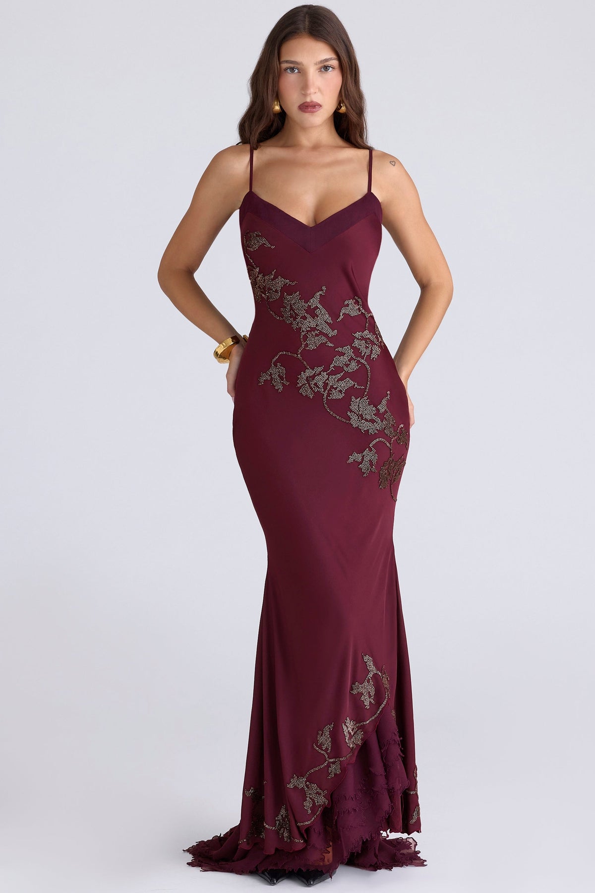 plum hand beaded embellished satin maxi gown - limited edition