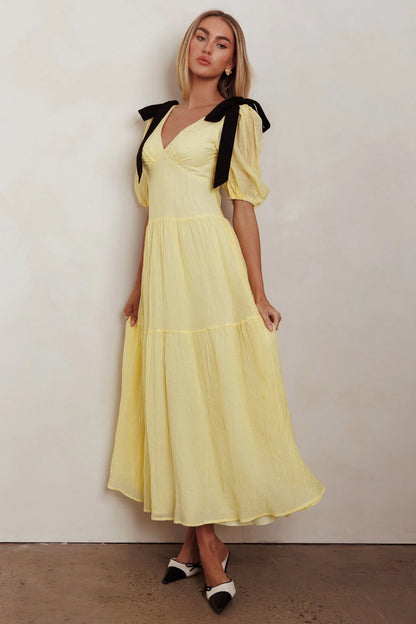 Sinta Bow Shoulder Puff Sleeve Maxi Dress Lemon