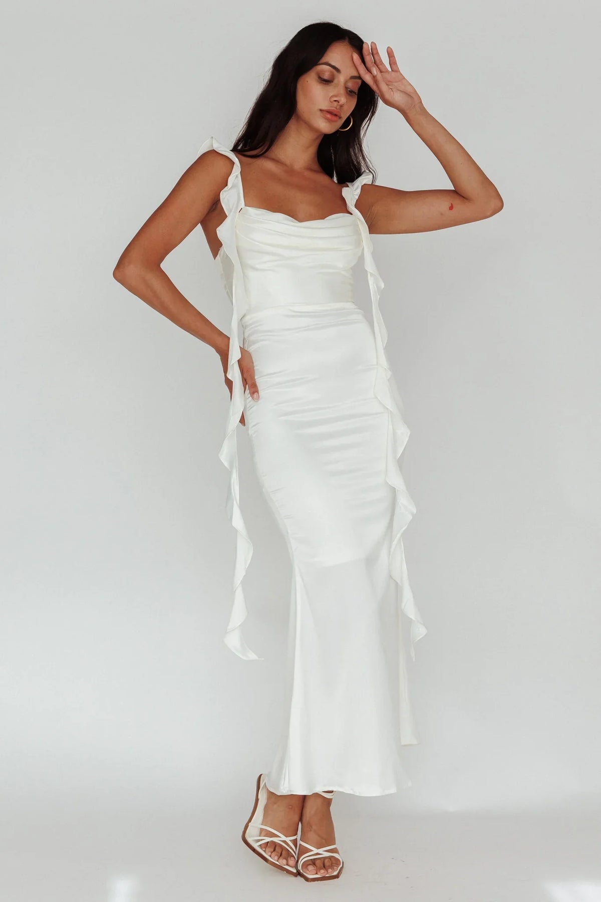 Blushing Ruffle Trim Midi Dress Oyster