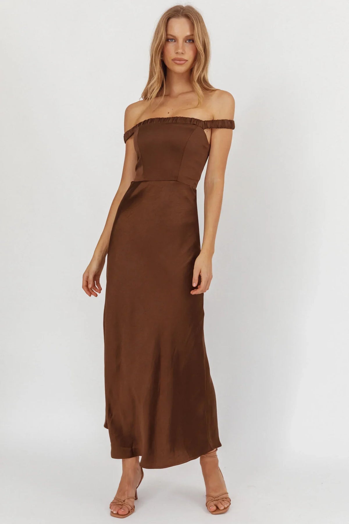 Cari Off-Shoulder Strap Maxi Dress Chocolate