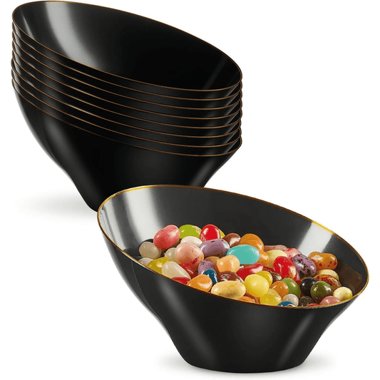 Angled Plastic Disposable Serving Bowls - Black/Gold Rim - 8 Pack - Wichita Home Outlet