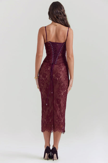 claret lace midi dress