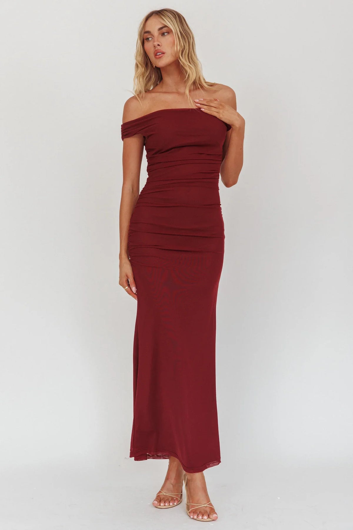 In Blooms Off Shoulder Mesh Midi Dress Wine