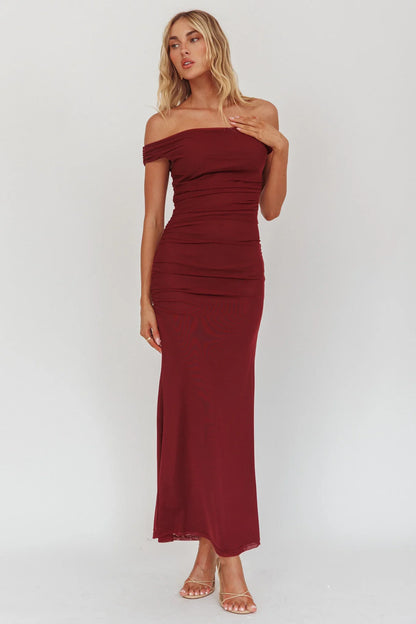 In Blooms Off Shoulder Mesh Midi Dress Wine