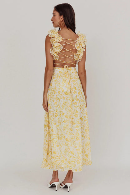Madara Lace-Up Back Maxi Dress Floral Yellow