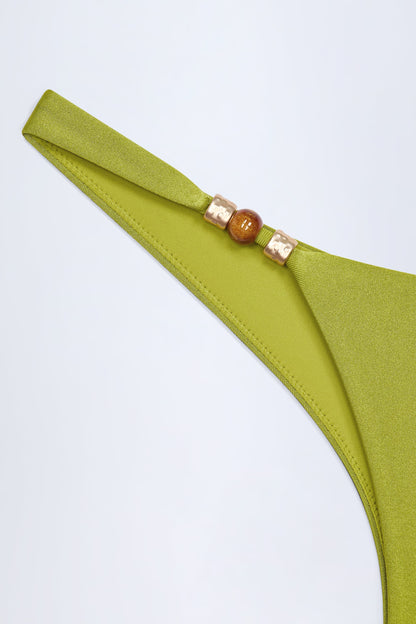 Bead-Embellished Cheeky Bikini Bottoms in Olive Green