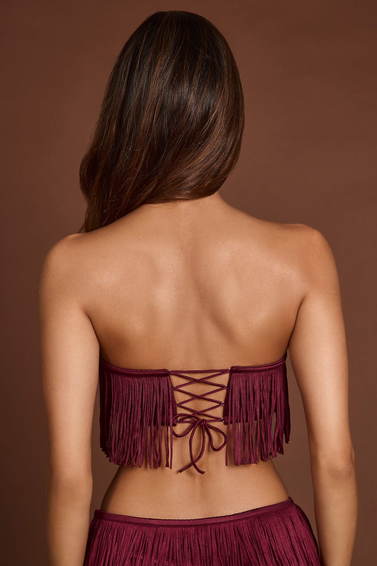 Fringed Bandeau Lace-up Crop Top in Wine Red