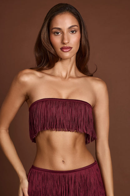 Fringed Bandeau Lace-up Crop Top in Wine Red