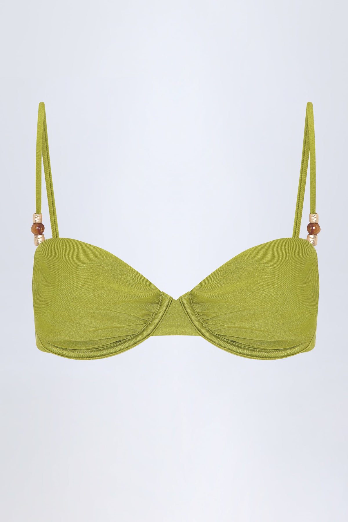 Bead-Embellished Ruched Underwired Bikini Top in Olive Green