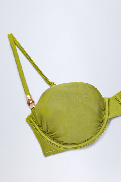 Bead-Embellished Ruched Underwired Bikini Top in Olive Green