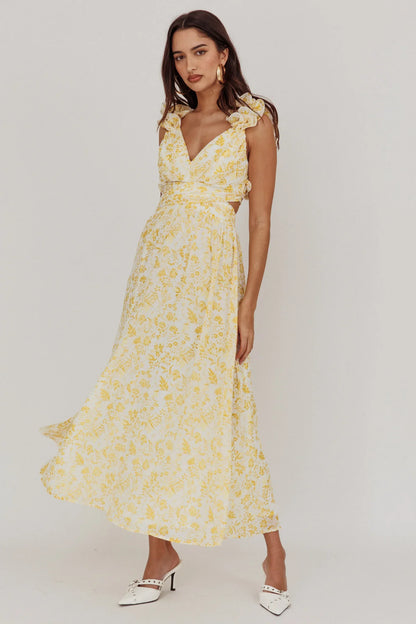 Madara Lace-Up Back Maxi Dress Floral Yellow