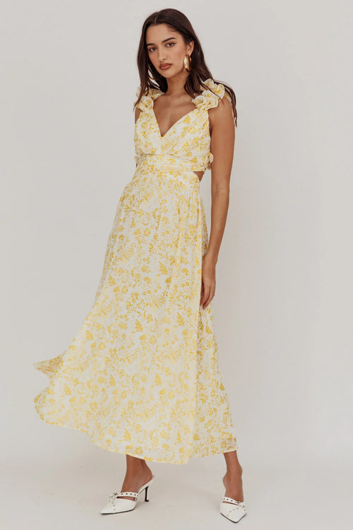 Madara Lace-Up Back Maxi Dress Floral Yellow