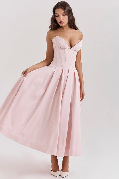 ballerina pink strapless midi dress
